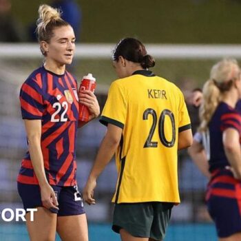 Kristie Mewis and Sam Kerr following a match between the USA and Australia in 2021