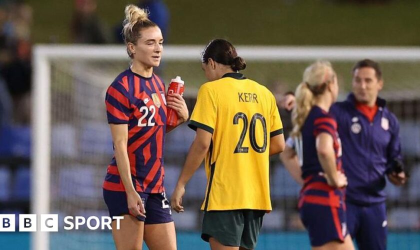 Kristie Mewis and Sam Kerr following a match between the USA and Australia in 2021