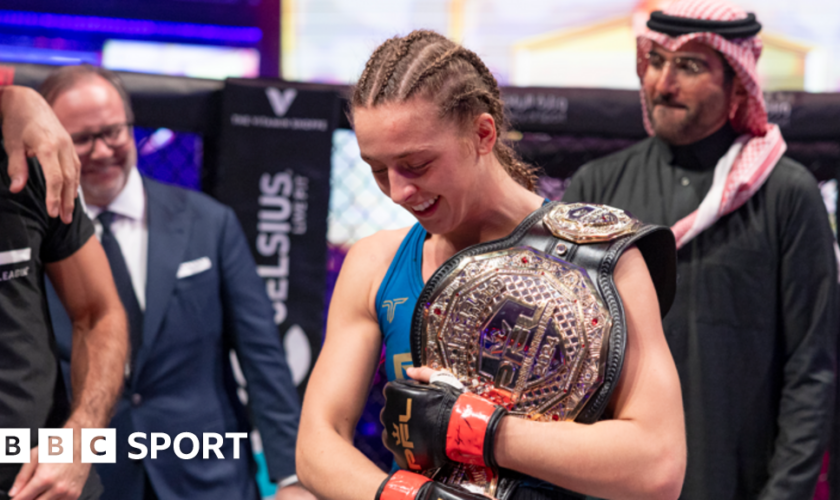 Dakota Ditcheva celebrates winning the PFL flyweight world title