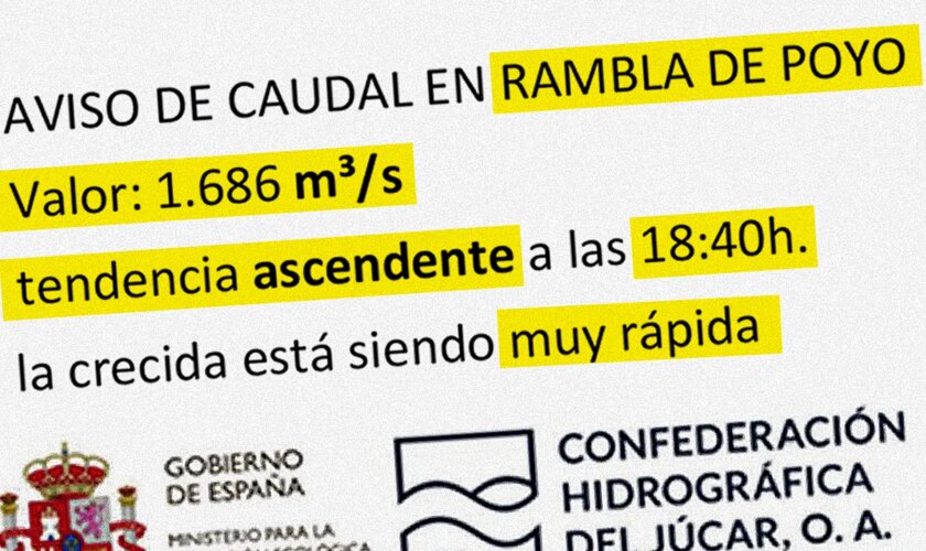 El mail de las 18.43 que alertó de la fatídica inundación en la rambla del Poyo: "Para su conocimiento, la crecida está siendo muy rápida"