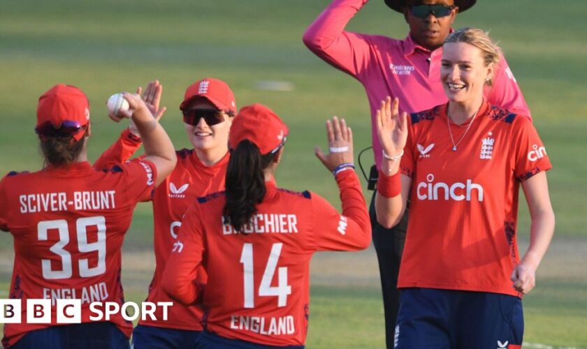 England players celebrate a wicket