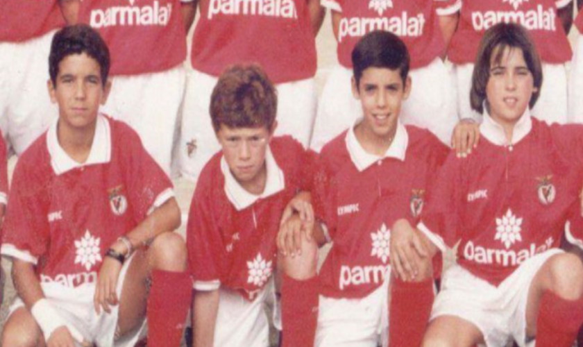 Ruben Amorim (left) pictured in the Benfica boys' team along with friends Bruno Simao (second right) and Pedro Russiano (right)