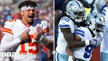 Kansas City Chiefs quarterback Patrick Mahomes and CeeDee Lamb and KaVontae Turpin of the Detroit Lions