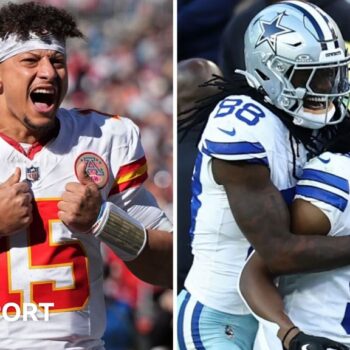 Kansas City Chiefs quarterback Patrick Mahomes and CeeDee Lamb and KaVontae Turpin of the Detroit Lions