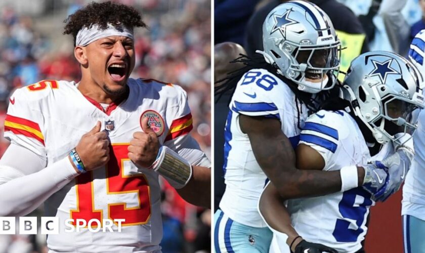 Kansas City Chiefs quarterback Patrick Mahomes and CeeDee Lamb and KaVontae Turpin of the Detroit Lions