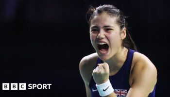 Emma Raducanu screams in celebration during her BJK Cup match against Slovakia's Viktoria Hruncakova