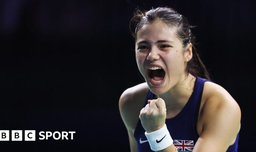 Emma Raducanu screams in celebration during her BJK Cup match against Slovakia's Viktoria Hruncakova