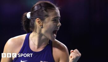 Great Britain's Emma Raducanu celebrates winning a point during her Billie Jean King Cup match against Germany's Jule Niemeier