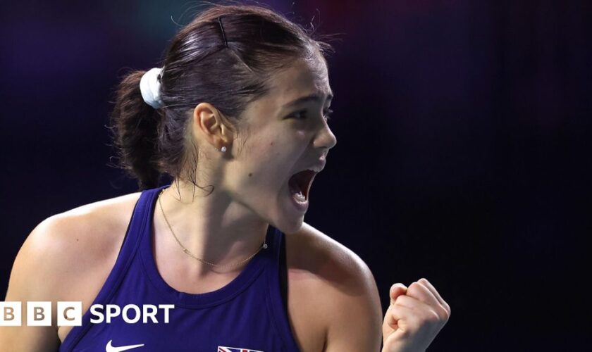 Great Britain's Emma Raducanu celebrates winning a point during her Billie Jean King Cup match against Germany's Jule Niemeier