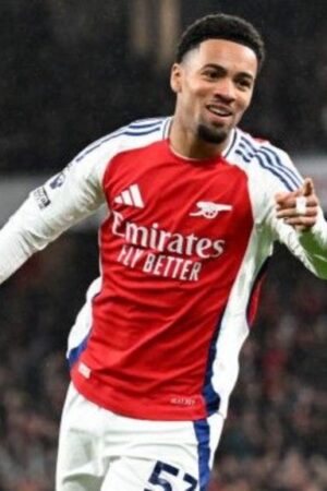 Ethan Nwaneri celebrates scoring for Arsenal against Nottingham Forest in the Premier League