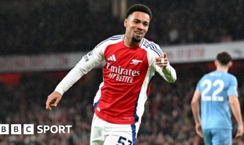 Ethan Nwaneri celebrates scoring for Arsenal against Nottingham Forest in the Premier League