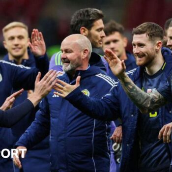 Steve Clarke joins in the celebrations after a dramatic 2-1 win over Poland