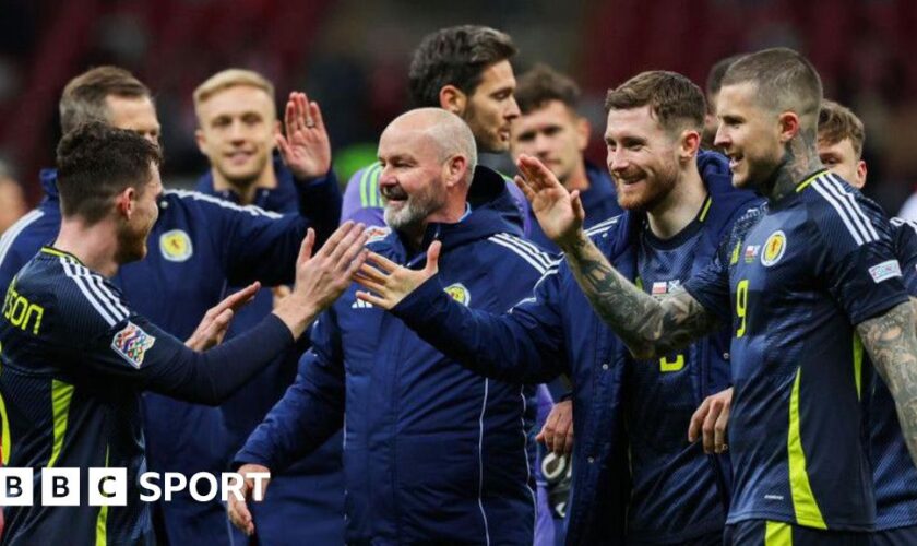 Steve Clarke joins in the celebrations after a dramatic 2-1 win over Poland