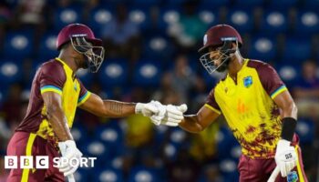 Evin Lewis and Shai Hope bump fists during their partnership of 136 v England