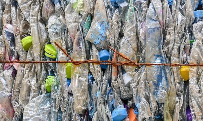 Des bouteilles en plastique ramassées sur une page à Ranong, en Thaïlande, le 23 septembre 2024