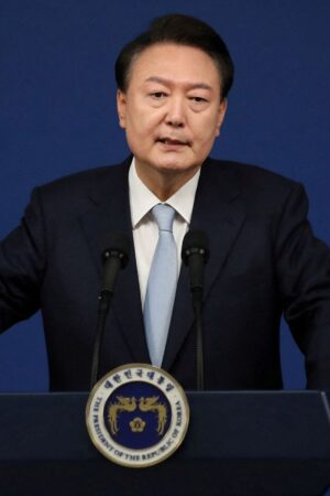 FILE PHOTO: South Korean President Yoon Suk Yeol delivers a speech during his briefing on state affairs at a press conference at the presidential office in Seoul, South Korea, August 29, 2024. Chung Sung-Jun/Pool via REUTERS/File Photo