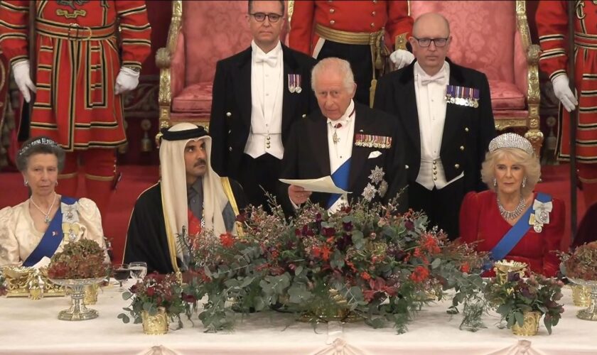 King hosts Emir of Qatar at state banquet - with Beckhams among the famous faces in attendance