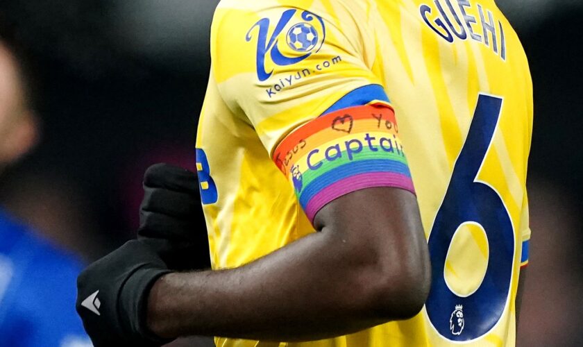 Crystal Palace's Marc Guehi wearing the Rainbow Laces captain's armband. Pic: PA