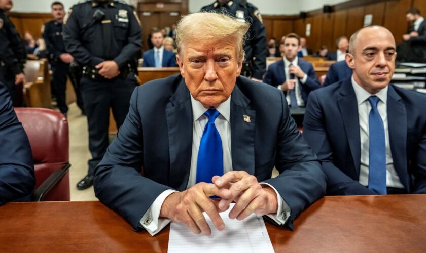 Former President Donald Trump at the Manhattan Criminal Court room Talking to the pool and in courtroom at trial in NYC May 30 2024. Mark Peterson/Pool via REUTERS