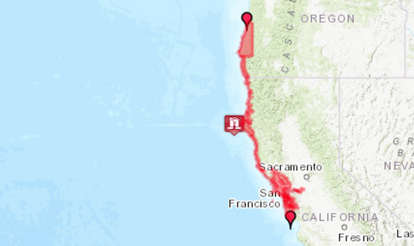 The tsunami warning is for the area highlighted in red. Pic: NWS Tsunami Alerts