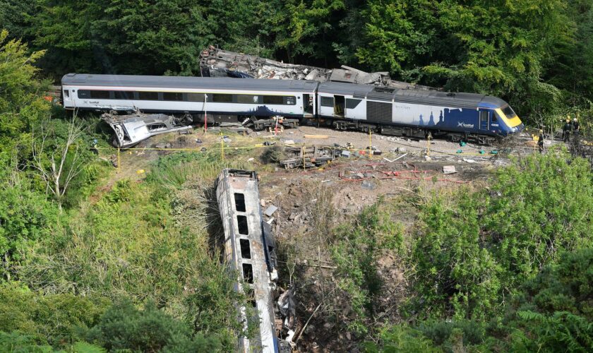 File photo dated 13/08/20 of emergency services inspecting the scene near Stonehaven, Aberdeenshire, following the derailment of the ScotRail train which cost the lives of three people. Prosecutors are considering whether Network Rail will face charges over a train crash which claimed three lives. Issue date: Thursday January 26, 2023.