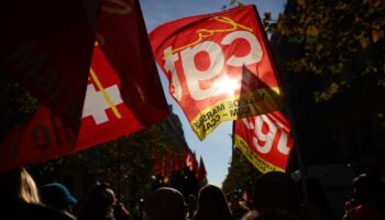 Des drapeaux du syndicat de la CGT à Marseille lors d'une manifestation des fonctionnaires, le 5 décembre 2024