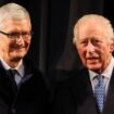 Tim Cook,CEO of Apple, gestures next to Britain's King Charles during their visit at Apple's UK Head Office at Battersea Power Station in London, Britain, December 12, 2024. REUTERS/Toby Melville