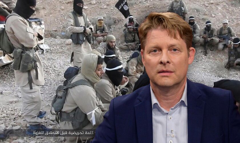 Guido Steinberg im Portrait, im Hintergrund sind Kämpfer des IS in Syrien zu sehen (Archivbild).