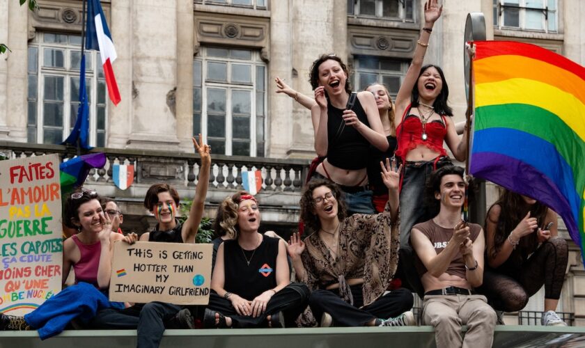 People are gathering during the Pride March in Paris, France, on June 29, 2024. On the eve of the first round of legislative elections, the organizers of the march are wanting to highlight the increase in transphobic acts and statements in public debate (Photo by Jerome Gilles/NurPhoto). (Photo by Jerome Gilles / NurPhoto / NurPhoto via AFP)