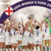 File photo dated 31-07-2022 of England's Leah Williamson and Millie Bright lifting the trophy as England celebrate winning the UEFA Women's Euro 2022 final at Wembley Stadium, London. Issue date: Thursday April 27, 2023.