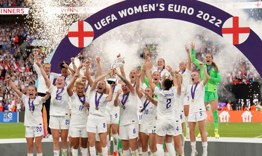 File photo dated 31-07-2022 of England's Leah Williamson and Millie Bright lifting the trophy as England celebrate winning the UEFA Women's Euro 2022 final at Wembley Stadium, London. Issue date: Thursday April 27, 2023.