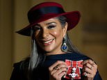 Ex Coronation Street actress Shobna Gulati - who played Sunita Alahan - is made an MBE by Princess Anne at Buckingham Palace