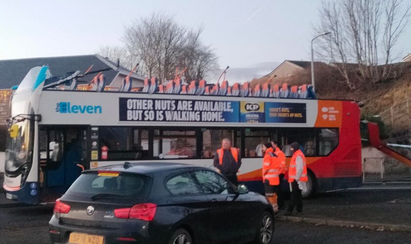 Four people taken to hospital after double-decker bus roof torn off in bridge crash