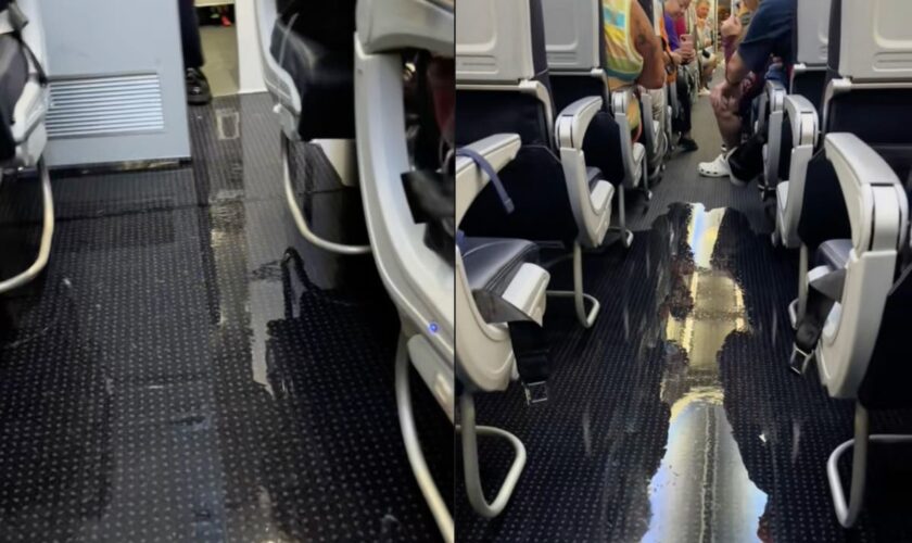 American Airlines passenger films chaos as bathroom floods aisles in mid-air