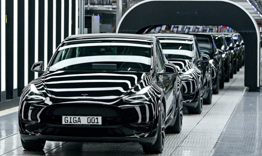 FILE PHOTO: Model Y cars are pictured during the opening ceremony of the new Tesla Gigafactory for electric cars in Gruenheide, Germany, March 22, 2022. Patrick Pleul/Pool via REUTERS/File Photo