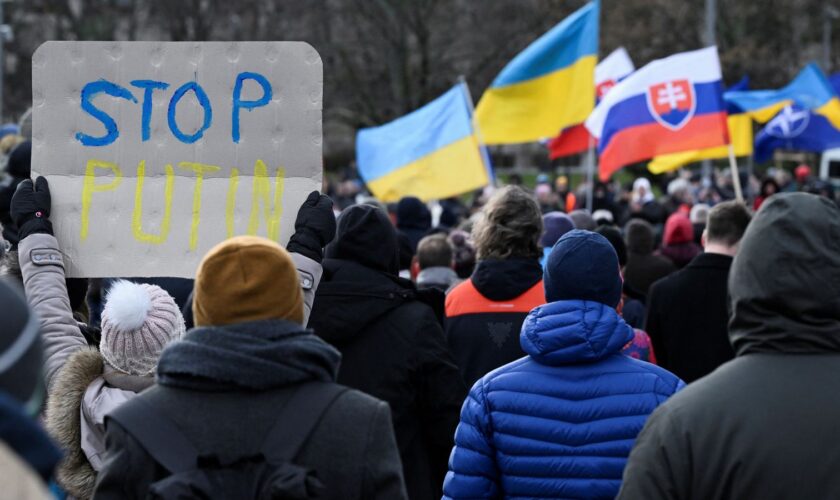 Anti-government protesters gather in Bratislava after Slovak Prime Minister Robert Fico met with Vladimir Putin. Pic: Reuters