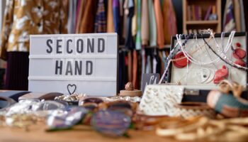 Close up on sign with inscription Second Hand and jewellery case with vintage accessories at thrift store checkout, copy space Pic: iStock