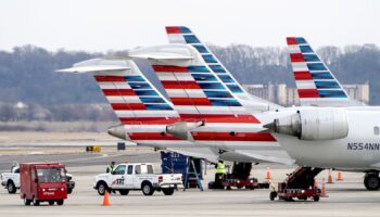 Grounds crews work around American Airlines aircraft at Reagan National Airport in Arlington, Virginia, U.S., January 24, 2022. REUTERS/Joshua Roberts