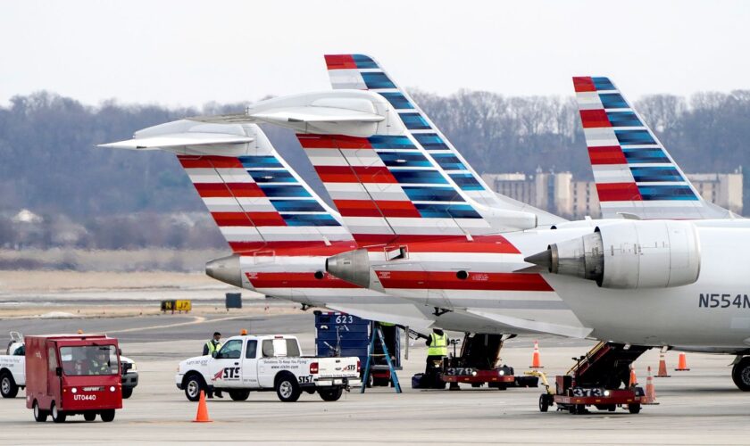 Grounds crews work around American Airlines aircraft at Reagan National Airport in Arlington, Virginia, U.S., January 24, 2022. REUTERS/Joshua Roberts