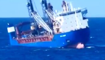 Russian cargo ship Ursa Major lists before sinking in Mediterranean