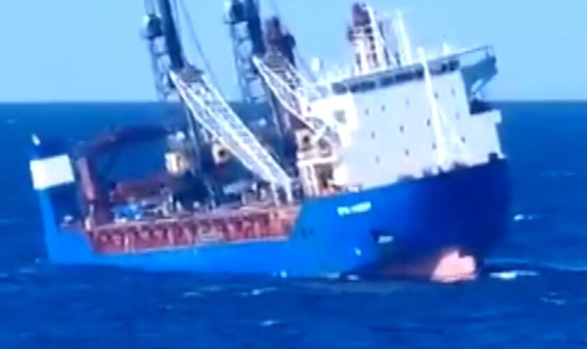 Russian cargo ship Ursa Major lists before sinking in Mediterranean