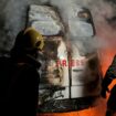 A fire in a broadcast van following an Israeli strike that killed five journalists. Pic: Reuters