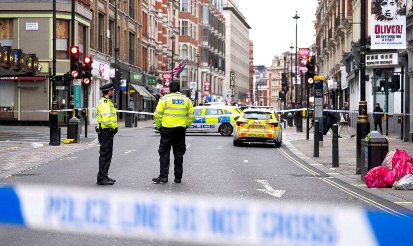 The scene on Shaftesbury Avenue in central London after four people were injured, one seriously, by a car which was driven onto a pavement in central London in the early hours of Christmas Day. A 31-year-old man has been arrested on suspicion of attempted murder. Picture date: Wednesday December 25, 2024. PA Photo. See PA story POLICE Shaftesbury. Photo credit should read: Jordan Pettitt/PA Wire