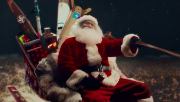 Still from apparent Russian propaganda showing Santa over Moscow