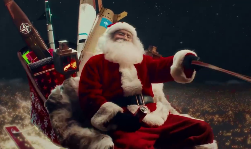 Still from apparent Russian propaganda showing Santa over Moscow