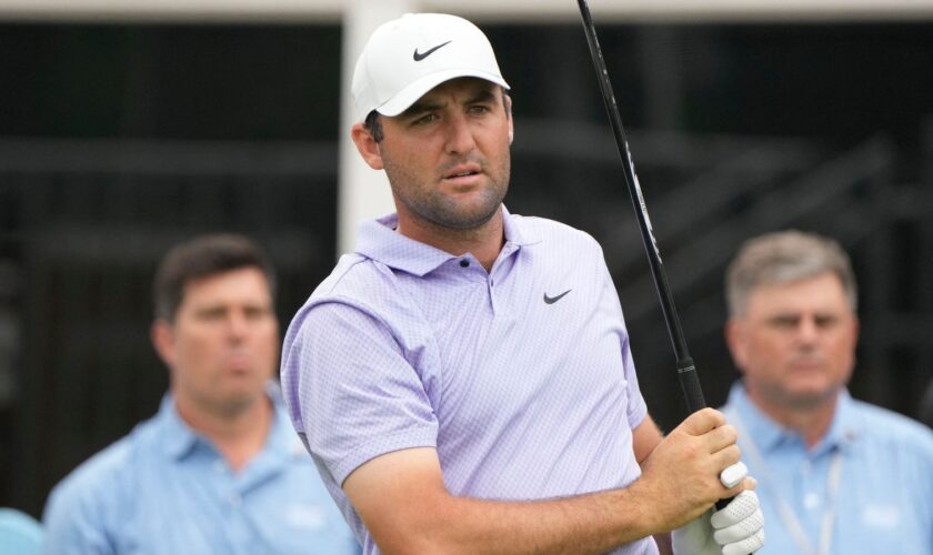 Scottie Scheffler plays his shot on the seventeenth tee during the second round of the Charles Schwab Challenge golf tournament. Pic: Reuters/USA TODAY Sports