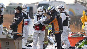 Des secouristes près du site du crash d'un avion de la compagnie Jeju Air survenu le 28 décembre 2024 à Muan en Corée du Sud