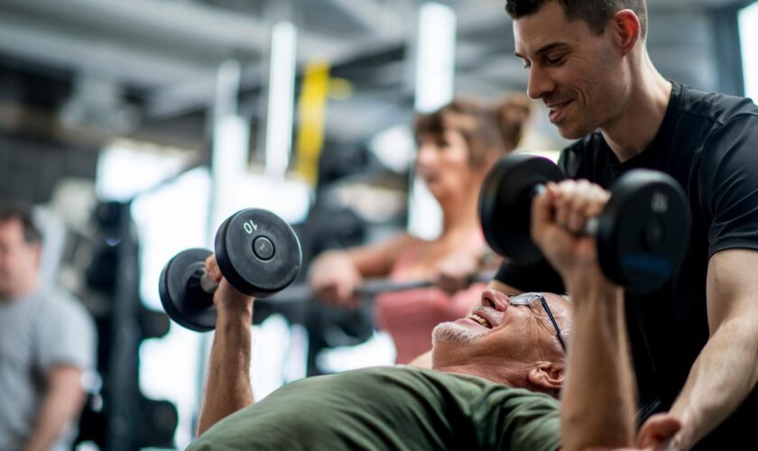 Fitness: Ein jüngerer Mann hilft einem älteren beim Bankdrücken mit Kurzhanteln