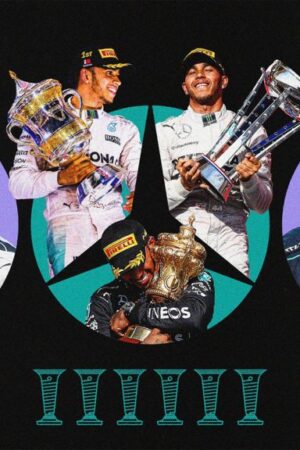 Graphic image showing Lewis Hamilton during his first season with Mercedes on the left and a picture from 2024 on the right in which he is wearing sunglasses. In between are three images of Hamilton holding trophies for race wins with underneath a graphic of six drivers' championship trophies to signify the world titles he has won with Mercedes