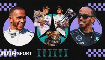 Graphic image showing Lewis Hamilton during his first season with Mercedes on the left and a picture from 2024 on the right in which he is wearing sunglasses. In between are three images of Hamilton holding trophies for race wins with underneath a graphic of six drivers' championship trophies to signify the world titles he has won with Mercedes